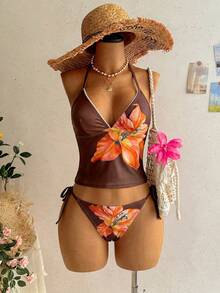 Soleia Women's Floral Print Halter Neck Bikini Set - Coffee Brown - View 6