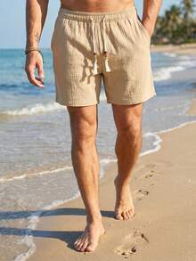 VENTUSAIL Pantalones cortos casuales de vacaciones para hombre, de unicolor, de algodón y lino con cordón, para días festivos - Caqui - Ver 4
