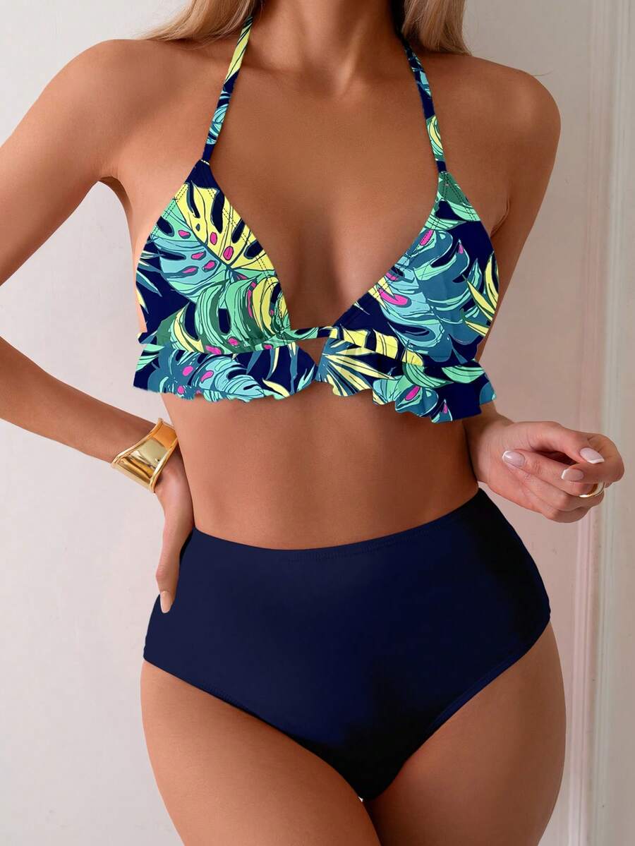 Swim Lushoire 女士印花三角比基尼上衣和纯色高腰泳裤套装,夏季 - 藏蓝色 - 查看 1