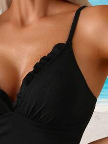 Swim Lushoire 1 件女式纯色荷叶边前系带连体泳衣休闲度假泳衣 - 黑色 - 查看 6