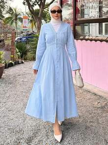 DAZY Women's Elegant Lace Patchwork Textured V-Neck Mid-Length Dress, Spring/Summer - Blue - View 3