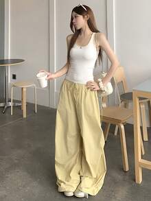DAZY 女款配色上衣與抽繩腰寬腿褲休閒兩件套 夏季 - 黃色 - 查看 7