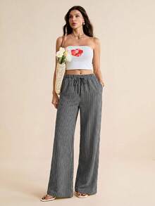 SHEIN Tall Pantalones casuales rectos de pierna suelta con cintura con cordón y rayas para mujer - Gris Oscuro - Ver 6