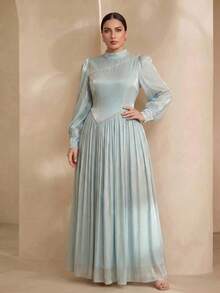 Graceveil Robe simple avec manches lanternes, décoration de perles et ceinture à la taille, pour femmes de grande taille - Vert menthe - Voir 4