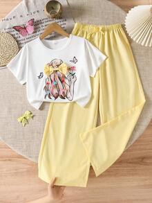 SHEIN 青少年女孩 2件/套 短袖圓領 白色針織度假穿搭套裝 - 黃色 - 查看 1