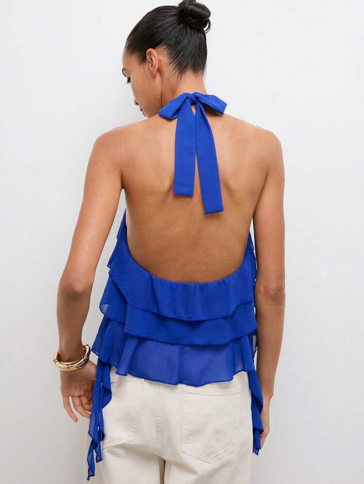 SHEIN Maija 여성용 블루 러플 홀터넥 캐주얼 루즈 플로이 백리스 비치 우아한 버서타일 패셔너블 탑