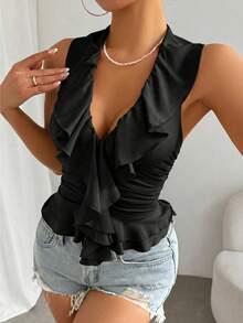 Femesol Black Summer Elegant Party Vacation Night V-Neck Asymmetric Ruffle Hem Sleeveless Top, Pleated Layered Cropped Tank Top, Fitted Versatile Camisole - Black - View 6