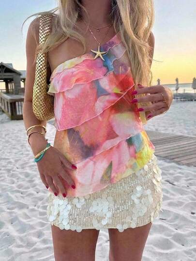 Aloruh Spring/Summer New Elegant Romantic Date Night Valentine's Day Wedding Season Pink Chiffon One-Shoulder Backless Layered Ruffle Blouse, Sexy Beach Ruffle Blouse, Wedding Outfit, Elegant Romantic Pink Shirt Y2k Clothes Y2k Tops Y2k Clothes Women  2000s Style Y2k Top Pink Top