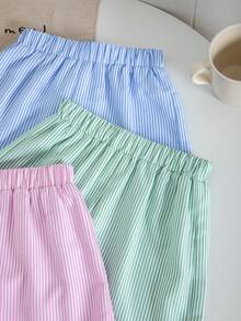 SHEIN 3件套少女条纹休闲短裤套装 - 綠色 - 查看 3
