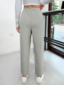 SHEIN PETITE Petite Pants With Drawstring, Slanted Pockets - Grey - View 2