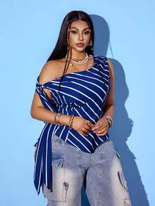 Maweii Plus Size Women Sexy Party Summer Vacation Blue Striped Cowl Neck Blouse - Blue - View 4