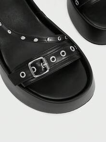 Sugerpunk Giày nữ thời trang đế xuồng cao, phong cách punk với khóa cài, phù hợp mùa xuân thu hè, giày nữ đi chơi, đi làm, đi du lịch dễ dàng - màu đen - Xem 4