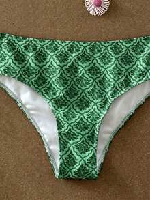 Swim Mod 大尺碼女款夏季海灘全印花掛脖綁帶性感比基尼與三角泳褲泳衣套裝 - 綠色 - 查看 3