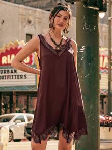 Freevana Vestido de talla grande de unicolor con parches de encaje - Burdeos - Ver 6