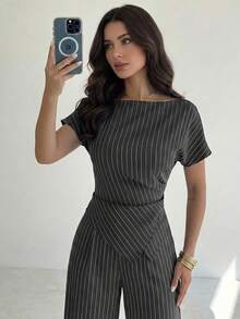 Firerie Conjunto de 2 piezas de camisa con estampado a cuadros y dobladillo asimétrico y pantalones de pierna ancha para mujer, adecuado para ir al trabajo, uso casual diario y ropa de negocios de moda/Conjunto de 2 piezas de ropa de otoño para mujer/Conjunto de 2 piezas para volver a la escuela/Conjunto de 2 piezas de ropa para profesoras - Gris Oscuro - Ver 1