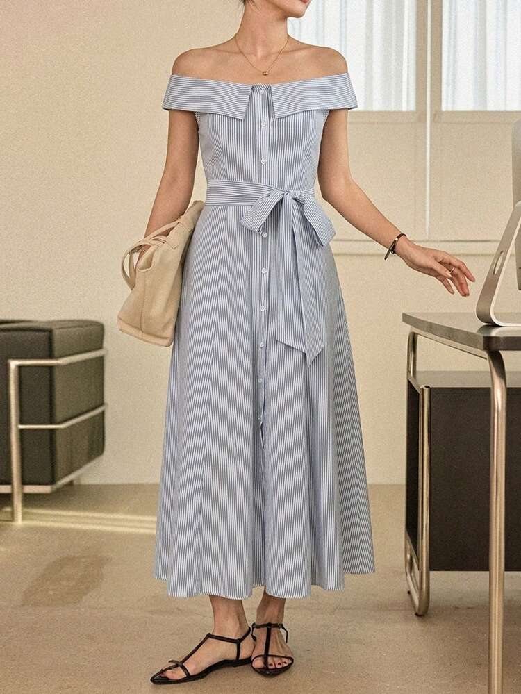 Women's Blue Striped Strapless Bow Tie Sleeveless Dress, Suitable For Spring And Summer Sun Dresses For Women