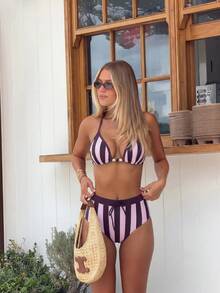 Swim Mod Spring/Summer Beach Vacation Purple-Pink Contrast Halter Striped Bikini 2 Pieces Swimwear - Multicolor - View 3