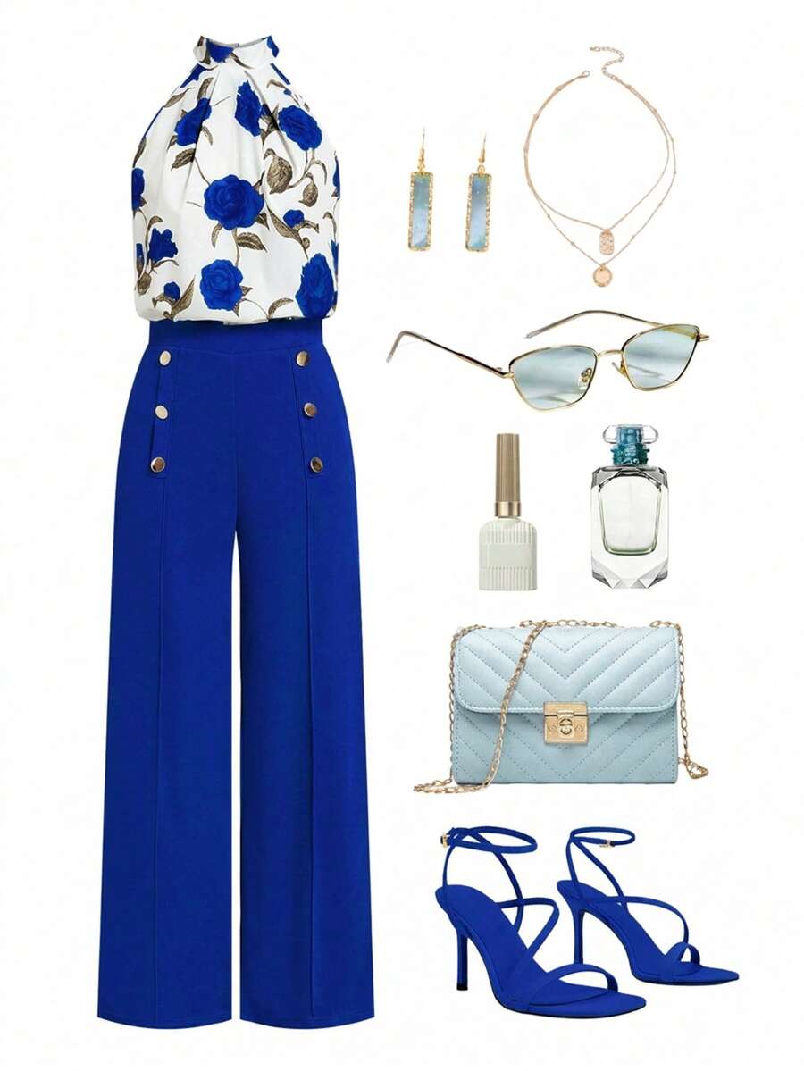 Ellevyn Women's Floral Print Sleeveless Casual Top And Pants 2 Pieces Set, Summer - Royal Blue - View 1