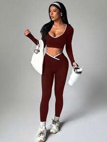 Dewbera Dewbera 2pcs/Set Women Seamless Contrast Color Sports Set - Burgundy - View 7