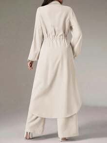 Modelyn Women's Rhinestone Decor Drawstring Waist Long Sleeve Long Shirt And Pants Casual 2-Piece Set - Apricot - View 2