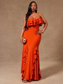 Radiana Red Summer Elegant Sexy Evening Party Wedding Guest Dinner Formal Cocktail Plus Size Women's Multilayered Ruffle Spaghetti Strap Bodycon Dress Boho - Orange - View 3