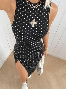 SHEIN EZwear 黑色波点无袖紧身连衣裙 - 黑色 - 查看 6