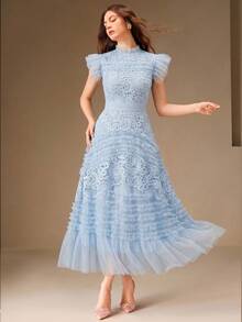 Anewsta Women's Elegant Hollow Embroidered Waist Flared Ruffle Hem Short Sleeve Dress, Suitable For Formal, Party, Chic, Work, Graduation, Wedding, Red Carpet - Blue - View 7