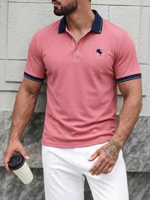 Manfinity Homme Men's Business Casual Knight Pattern Print Short Sleeve Button-Up Polo Shirt - Hot Pink - View 3