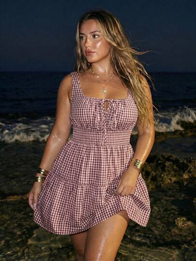 SHEIN ICON Plus Size Square Neck Woven A-Line Plaid Midi Dress, Summer Vacation