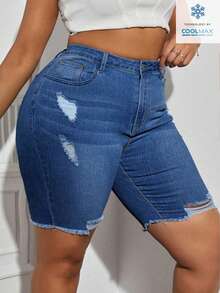 SHEIN SXY Plus Size Distressed Versatile Denim Shorts - Dark Wash - View 5