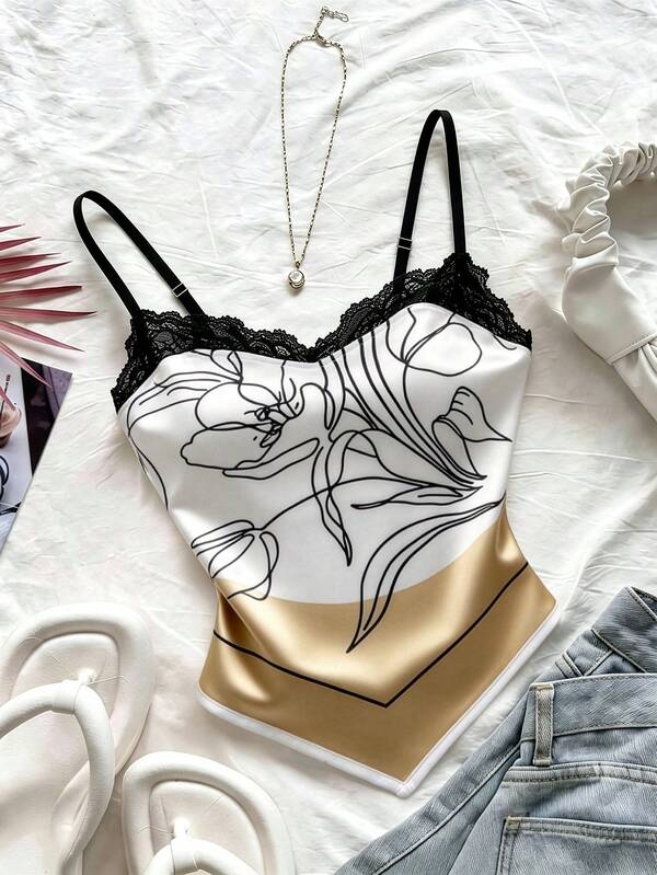 GlowEve CURVE Áo camisole ren ôm sát, phối màu tương phản, cỡ lớn, in hoa.