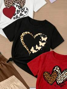 SHEIN Sparklyn (3 Random Item From 5) Summer Girl's Big Boy Grid Ripple Dot Leopard Pattern Love Pattern Printed Basic Short T+Shorts Set Six Piece Set - Multicolor - View 4