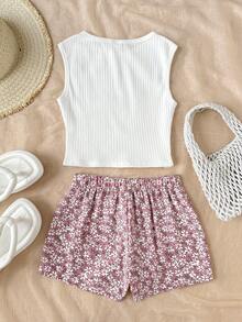 SHEIN Bộ 2 món cho bé gái tuổi teen: áo vest cổ chéo sọc màu trơn và chân váy bánh kem cạp cao họa tiết hoa, phong cách dễ thương độc đáo, phù hợp đi du lịch, lễ hội âm nhạc, tựu trường, tiệc trưa và trà chiều sân vườn mùa xuân - Nhiều màu - Xem 2