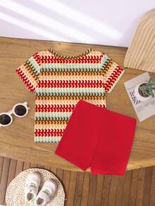 Conjunto de camiseta y pantalones cortos de ciclista con estampado floral ondulado colorido y vintage, uso casual y cómodo para primavera, verano y otoño - Multicolor - Ver 2
