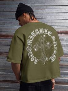 AXEPEAK Men's Casual Loose Short Sleeve T-Shirt, White Color With Printed Rhinestone Handmade Label, Summer - Army Green - View 2