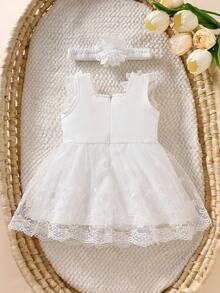 2 piezas Conjunto de vestido elegante para bebé niña recién nacida | Encaje blanco + Falda de tul con decoración floral 3D, estilo dulce y delicado adecuado para fiesta, sesión de fotos, ocasiones festivas, suave y cómodo, artículo de regalo encantador - Blanco - Ver 5
