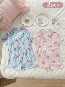 SHEIN 夏季女宝宝两件套可爱卡通火烈鸟爱心动物印花柔软舒适翻领开衫短袖短裤睡衣 - 藍色 - 查看 1
