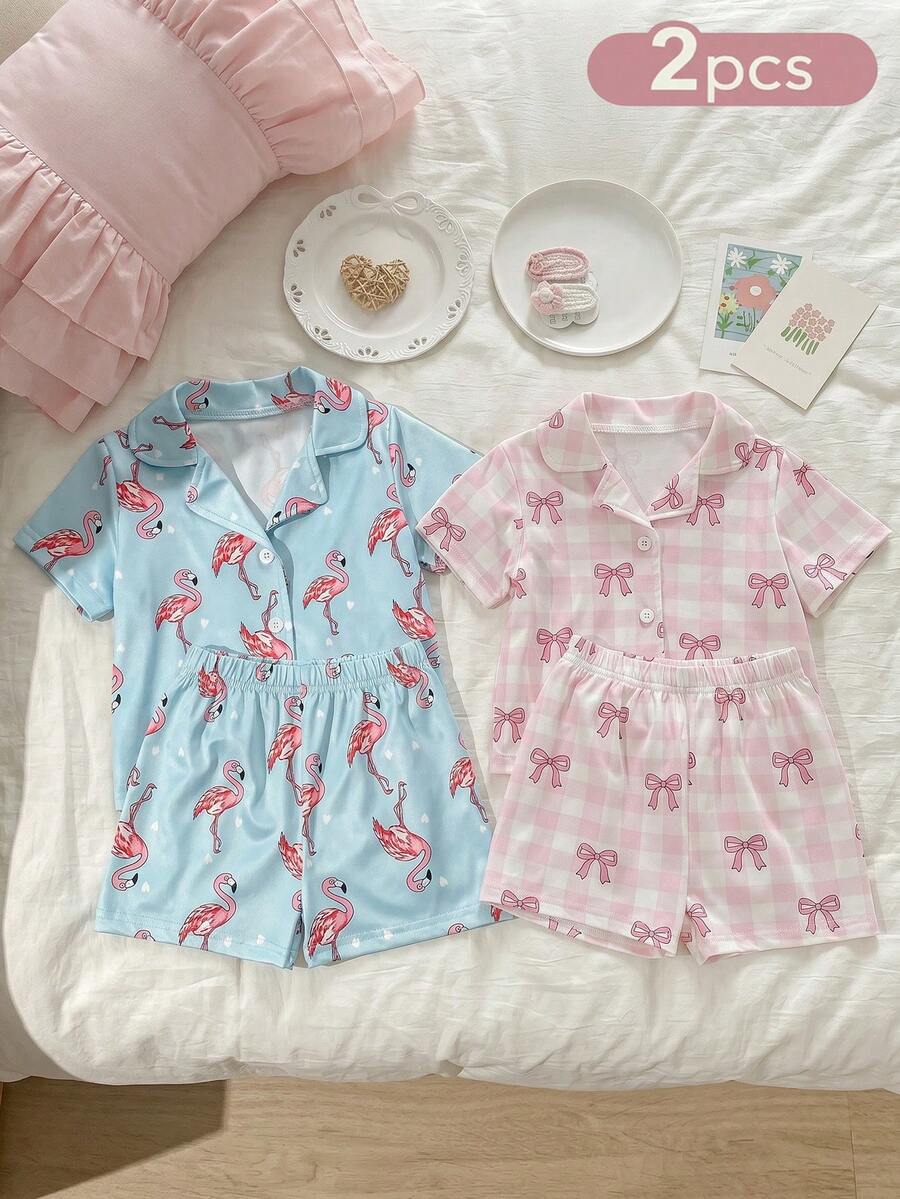 SHEIN 夏季女宝宝两件套可爱卡通火烈鸟爱心动物印花柔软舒适翻领开衫短袖短裤睡衣 - 藍色 - 查看 1