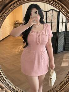 Vibekara Plus Size Women's Square Neck Dress With Floral Trim, 4 Pockets, Fitted Silhouette, Cute & Comfortable, Spring/Summer - Pink - View 1