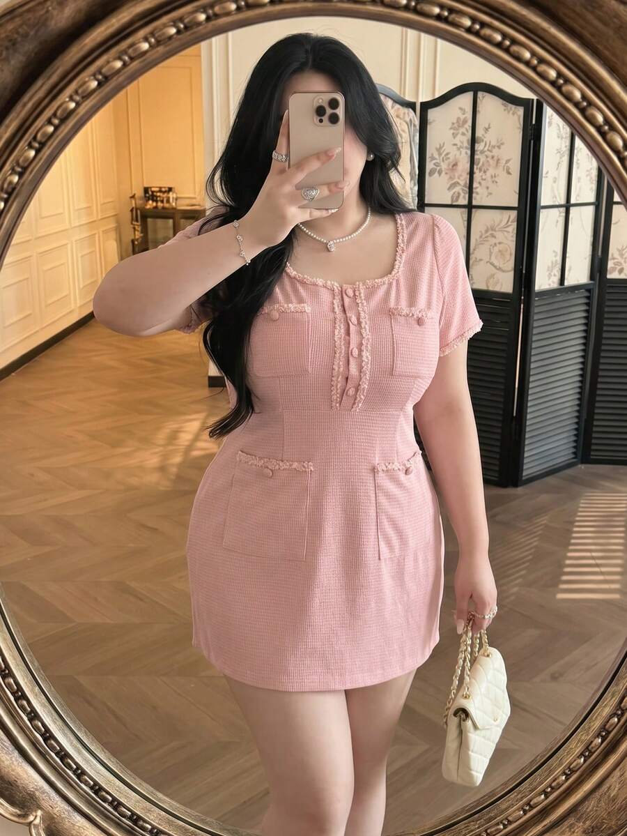 Vibekara Plus Size Women's Square Neck Dress With Floral Trim, 4 Pockets, Fitted Silhouette, Cute & Comfortable, Spring/Summer - Pink - View 1