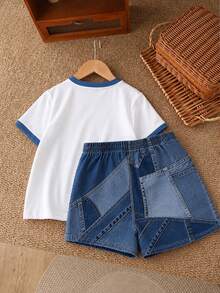 Setelan 2pcs untuk Anak Perempuan Remaja, Atasan Lengan Pendek dan Celana Pendek Motif Hati Kasual, Cocok untuk Musim Panas, Denim dengan Desain Hati, Celana Jeans Patchwork Biru - MultiWarna - View 3