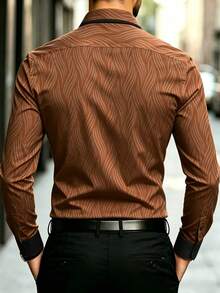 Manfinity Mode Men's Brown Autumn Business Casual Stand-Up Collar Button Long Sleeve Shirt,Formal Party Shirt For Work,Wedding,Daily Wear,Gift For Husband,Father - Coffee Brown - View 2