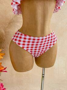 Soleia Conjunto de Maiô Bikini Bandeau com Babados Xadrez Vermelho & Branco, Roupa de Banho Estilo Garota Doce Retrô de Cintura Alta para Férias - Vermelho e Branco - Visão 5