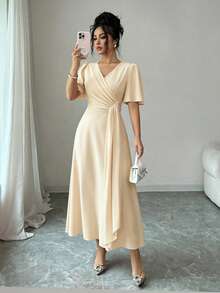 Rafferiza Gaun Midi A-Line Lengan Pendek Berlipit Elegan dengan Ikat Pinggang dan Selempang, Warna Oranye, Cocok untuk Bepergian dan Pemakaian Sehari-hari, Musim Semi/Panas - Aprikot - View 4