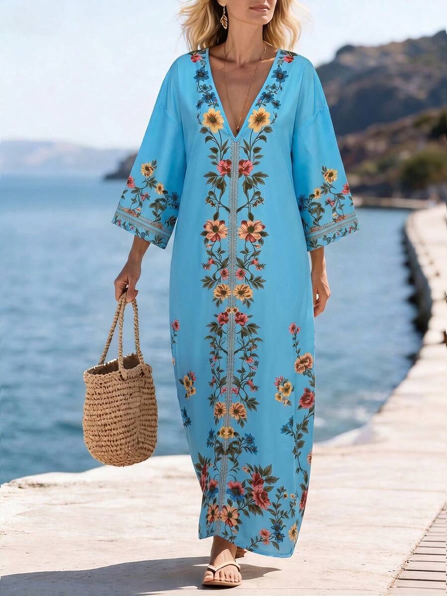 SHEIN Holidaya 印花宽松长裙,休闲沙滩裙,印花长款罩衫裙,适合度假、旅行、海滩、户外休闲、日常生活、购物、朋友聚会、东南亚/海岛旅行、主题活动、夏季户外派对、野餐、轻便度假装 - 藍色 - 查看 1