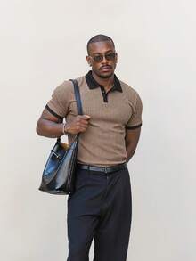 ESTAVOR Men's Casual Loose Fit Solid Color Polo Shirt, Brown, Standard Size, Summer - Brown - View 5