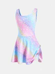SHEIN 1件少女/青少年女孩简约休闲彩色多巴胺渐变星形图案修身舒适运动服，适合体操、舞蹈、室内运动、芭蕾舞，春夏秋冬皆宜。 - 彩色 - 查看 4