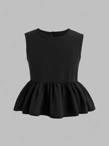 Conjunto de 2 piezas de camiseta y pantalones para niñas preadolescentes, sin mangas con volantes en la espalda e impresión de mariposa, atuendo de verano casual - Multicolor - Ver 6