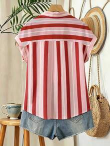 INAWLY Women's Summer Casual Vacation Colorblock Striped Print Batwing Sleeve Shirt - Multicolor - View 2