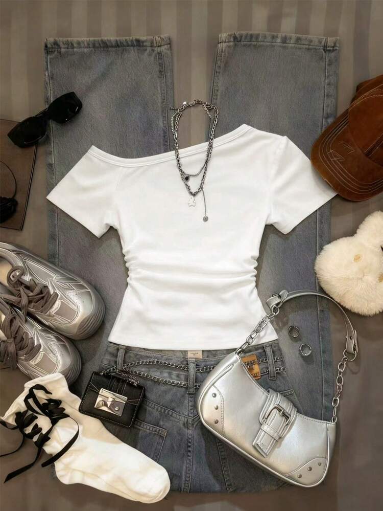 IslaSuriya Women's Letter & Floral Print Asymmetrical Shoulder Short Sleeve T-Shirt - White - View 2